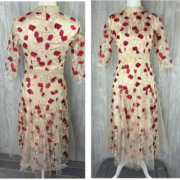 boutique floral embroidered midi dress M vintage look victorian fit & flare NWOT - Picture 3 of 12